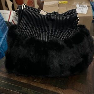 Black Faux Fur and Pleated Handbag